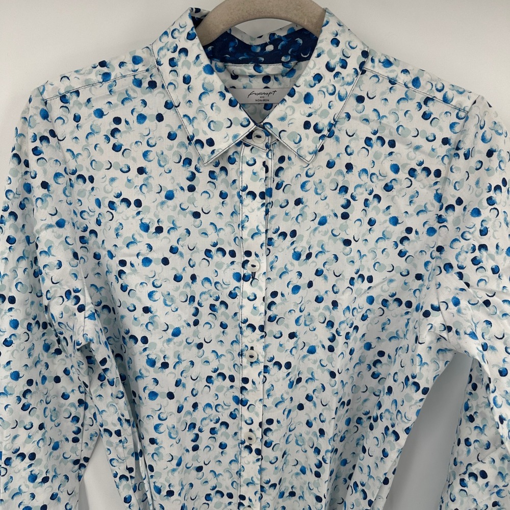 Foxcroft Non-Iron Cotton Shirt Dress Blue White Abstract Dot Belt Size 8 Career - Picture 2 of 10